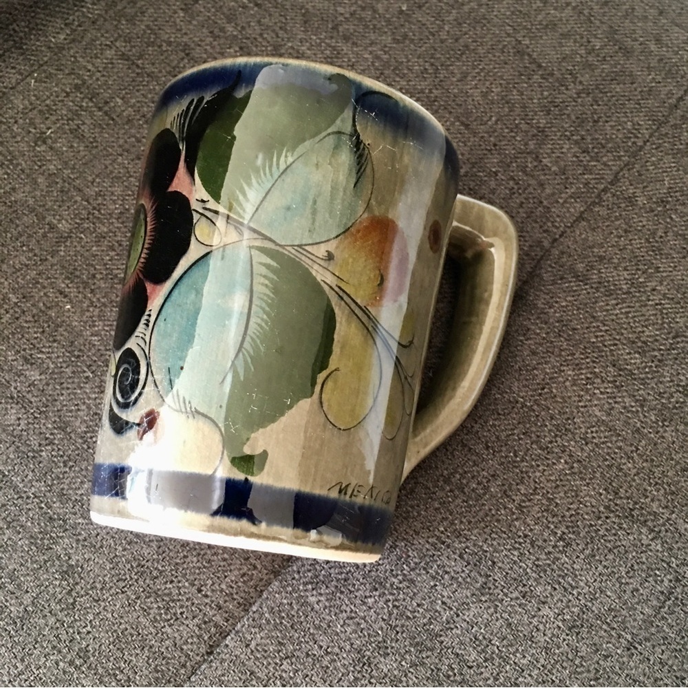 Handmade Mexican Pottery Mug, Floral, Blue, Gray, Colorful, 16 oz